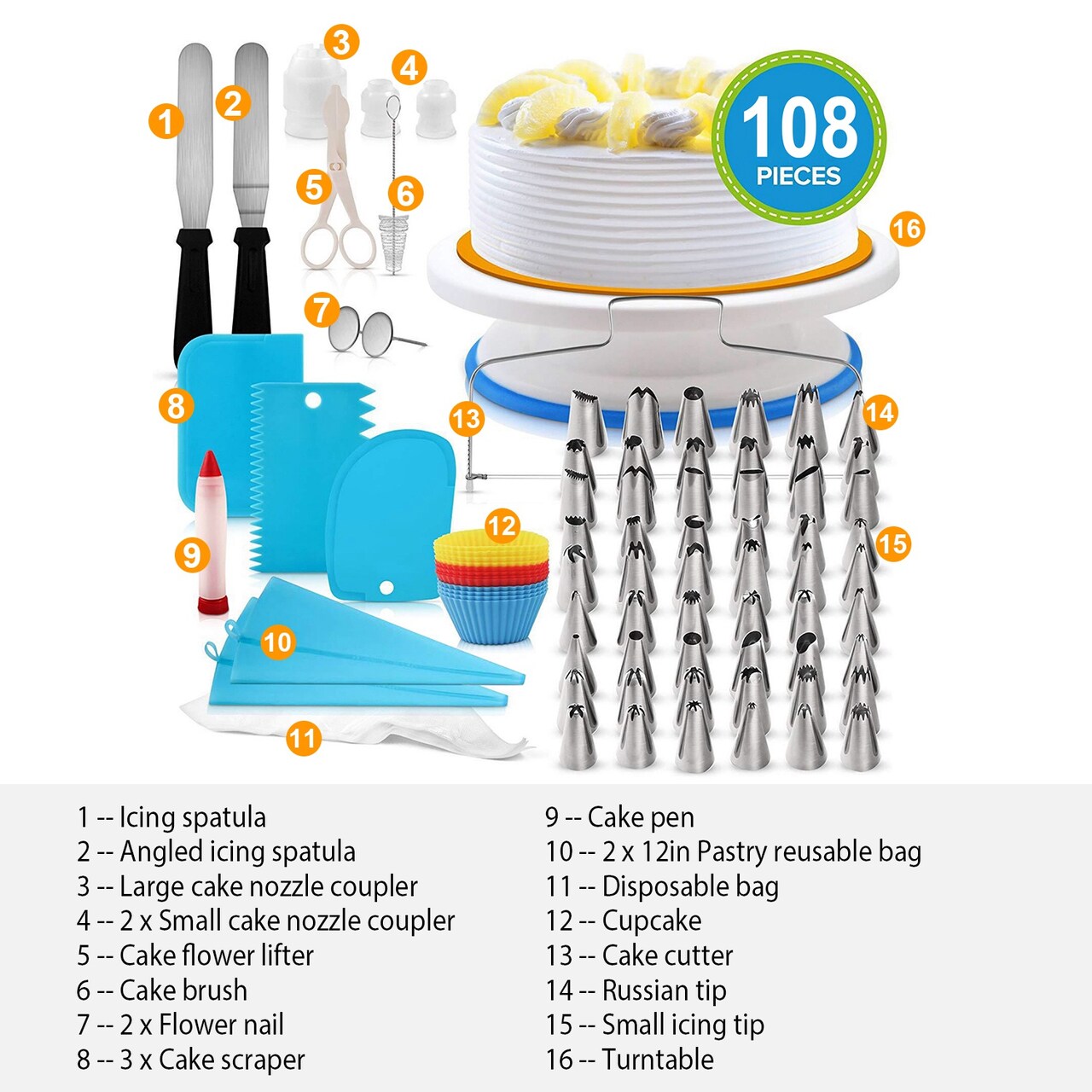108Pcs Cake Decorating Supplies Kit 11in Revolving Cake Table with Stand Base and Baking Tools